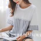 Lace-trim Stripe-panel T-shirt