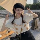 Short-sleeve Plain Shirt + Flower Embroidered Camisole Top