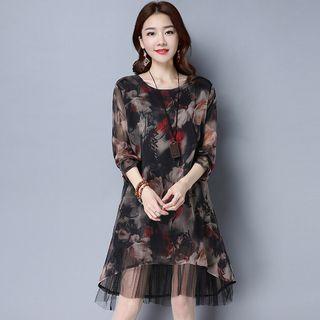 Print Mock Two-piece Long-sleeve Dress
