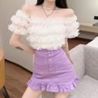 Short-sleeve Tiered Mesh Top / Fitted Frill Trim Mini Skirt