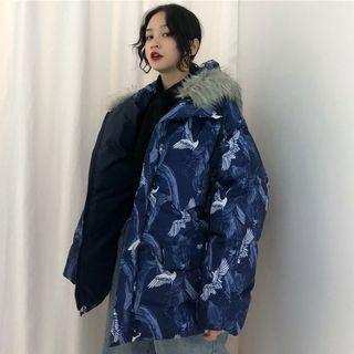 Crane Print Furry Trim Hooded Padded Coat