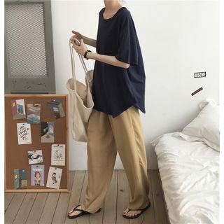 Elbow-sleeve Plain T-shirt / Wide Leg Pants / Zip Jacket