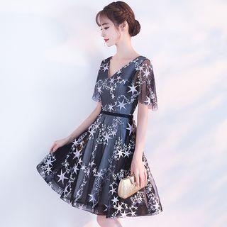 Star Embroidered V-neck Short-sleeve Cocktail Dress