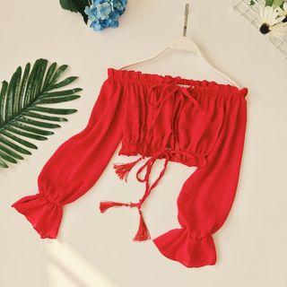 Plain Off Shoulder Long Sleeve Cropped Top