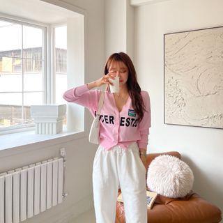 V-neck Letter Patched Cardigan