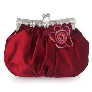 Rhinestone Flower-accent Shirred Clutch Wine Red - One Size