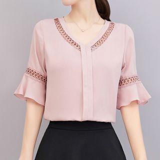 V-neck Panel Short-sleeve Chiffon Blouse