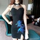 Embroidered Halter Sheath Mini Party Dress