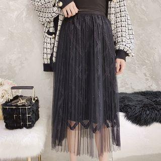 Accordion Pleat Midi Mesh Skirt Black - One Size