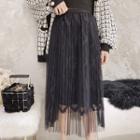 Accordion Pleat Midi Mesh Skirt Black - One Size