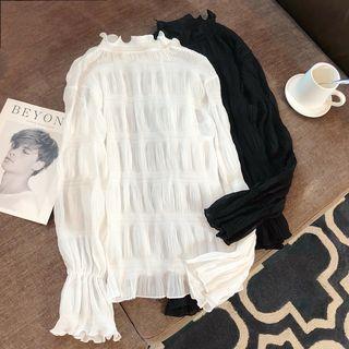 Long-sleeve Frill Trim Crinkled Chiffon Top