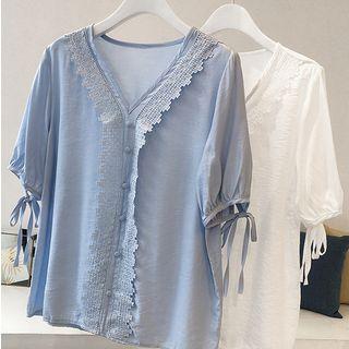 Elbow-sleeve Crochet Lace Trim Blouse