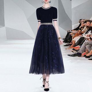 Set: Elbow-sleeve Knit Top + Mesh Maxi A-line Skirt