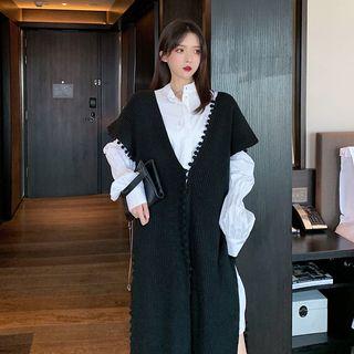 Plain Long-sleeve Loose-fit Shirtdress / V-neck Cardigan