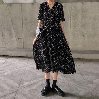 Short-sleeve Dotted A-line Midi Dress White Dot - Black - One Size