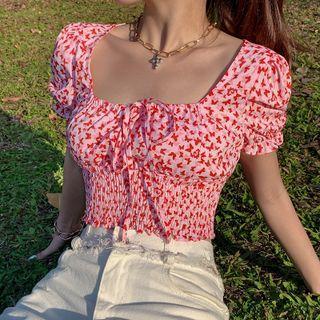 Square-neck Butterfly Print Cropped T-shirt