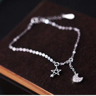 925 Sterling Silver Moon & Star Anklet Silver - One Size