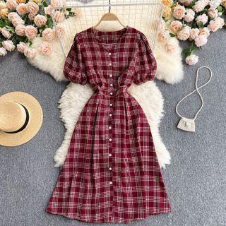 V Collar Puff-sleeve Plaid Dress