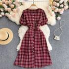 V Collar Puff-sleeve Plaid Dress
