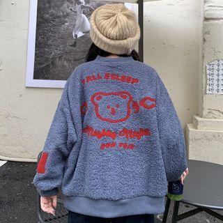 Bear Print Lettering Faux Shearling Jacket