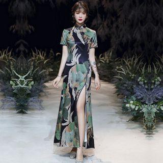 Floral Short-sleeve Slit Maxi A-line Qipao