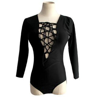 Lace Up Front Long Sleeve Swimsuit