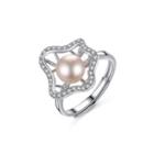 925 Sterling Silver Elegant Openwork Flower Pink Freshwater Pearl Adjustable Open Ring With Cubic Zirconia Silver - One Size
