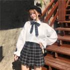 Bell-sleeve Shirt / Mini Plaid Pleated Skirt