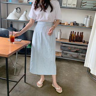 Gingham H-line Long Skirt Sky Blue - One Size