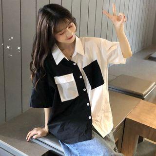 Elbow-sleeve Two-tone Shirt