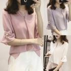 Split Neck Elbow Sleeve Chiffon Blouse