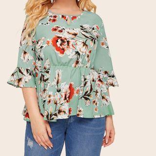 Elbow-sleeve Cutout Floral Printed Ruffle Trim Blouse
