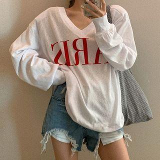 Long Sleeve V-neck Letter Print T-shirt