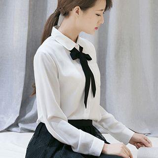 Tie-collar Accordion Long-sleeve Blouse
