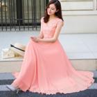Short-sleeve Lace Panel Evening Gown