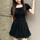 Set: Short-sleeve Plain Crop Top + Mini Skirt Top - Black - One Size / Skirt - Black - One Size