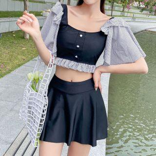 Set: Short-sleeve Dotted Panel Tankini Top + Swim Skirt