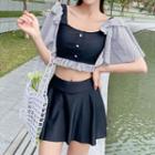 Set: Short-sleeve Dotted Panel Tankini Top + Swim Skirt