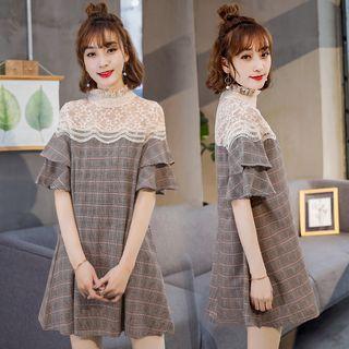 Lace Panel Plaid Short-sleeve A-line Dress