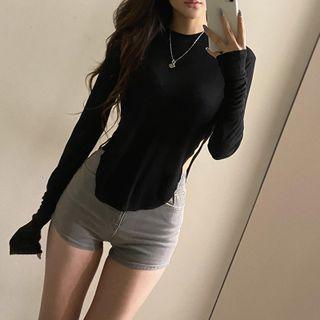 Long Sleeve Round Neck Plain Slit Top