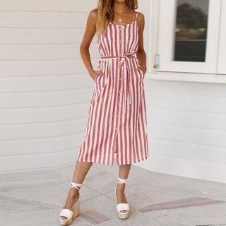 Spaghetti Strap Striped Button-up Midi Dress