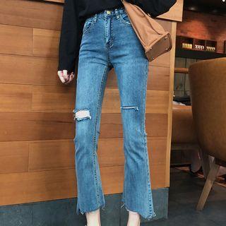 Asymmetric Frayed Hem Ripped Cropped Jeans