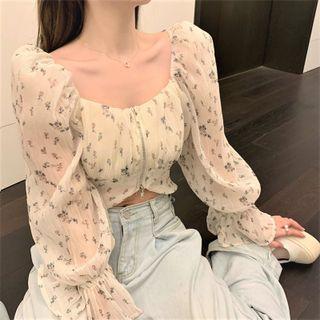 Long-sleeve Floral Chiffon Zip Blouse