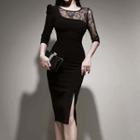 Elbow-sleeve Lace Panel Slit Bodycon Dress