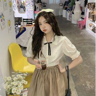 Plain Bow Blouse / High-waist Plain Mini Skirt