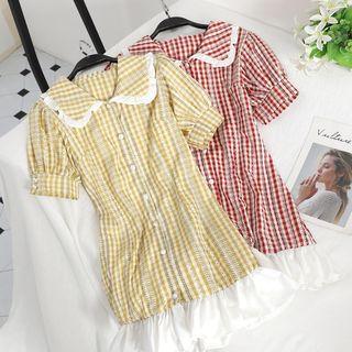 Lantern-sleeve High-waist Plaid Dress