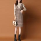 Set: Ribbed Knit Top + Houndstooth Overall Knit Dress