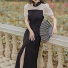 Puff-sleeve Dotted Panel Slit Midi A-line Qipao Dress