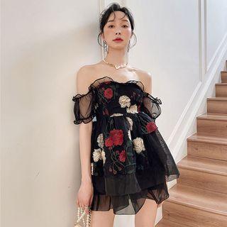 Puff-sleeve Off-shoulder Rose Mesh Mini A-line Dress