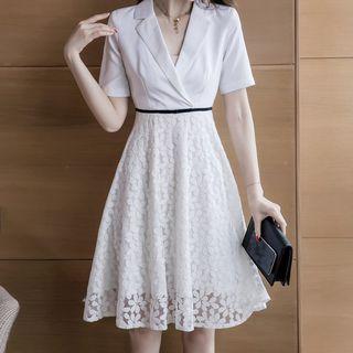 Collared Lace Panel Short-sleeve A-line Dress